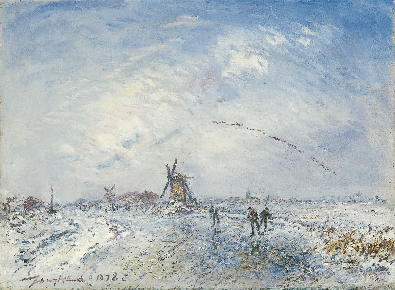 Jongkind J.B. | Johan Barthold Jongkind, Hollands winterlandschap, olieverf op doek 24,6 x 32,4 cm, gesigneerd linksonder en gedateerd 1878 Jongkind J.B. | Johan Barthold Jongkind, Hollands winterlandschap, olieverf op doek 24,6 x 32,4 cm, gesigneerd linksonder en gedateerd 1878