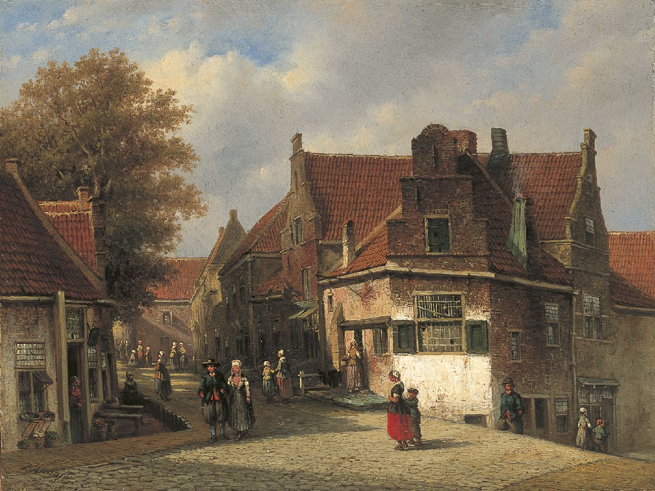 Vertin P.G. | Petrus Gerardus Vertin, Dorpsstraatje met figuren en een vrouw in Markens kostuum, olieverf op paneel 31,2 x 41,2 cm, gesigneerd linksonder en gedateerd '51 Vertin P.G. | Petrus Gerardus Vertin, Dorpsstraatje met figuren en een vrouw in Markens kostuum, olieverf op paneel 31,2 x 41,2 cm, gesigneerd linksonder en gedateerd '51