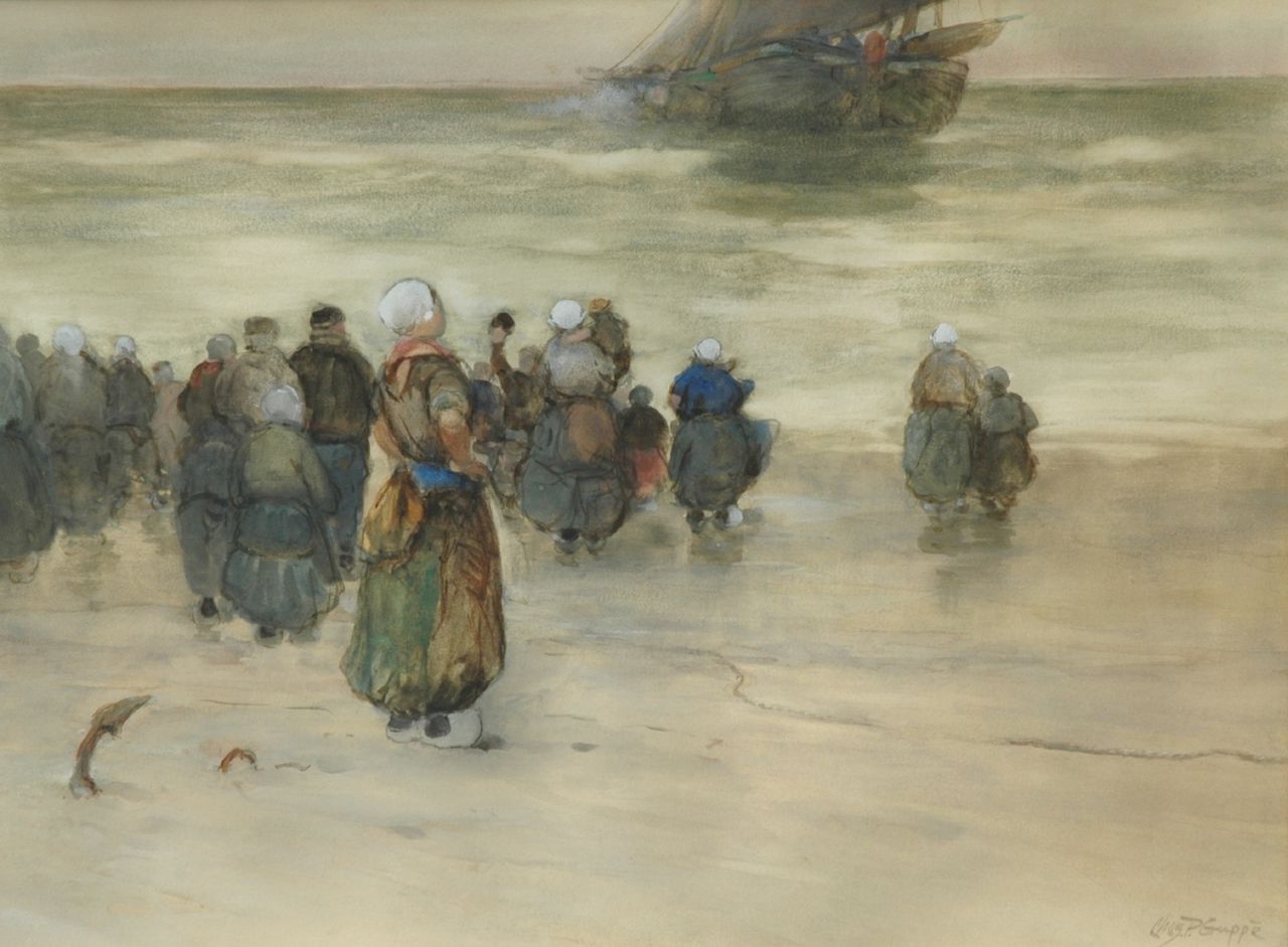 Gruppe C.P. | Charles Paul Gruppe, Het uitvaren van een vissersschuit, aquarel op papier 43,0 x 57,5 cm, gesigneerd rechtsonder Gruppe C.P. | Charles Paul Gruppe, Het uitvaren van een vissersschuit, aquarel op papier 43,0 x 57,5 cm, gesigneerd rechtsonder