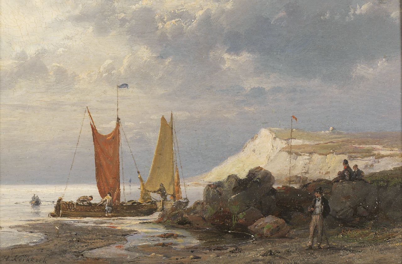 Koekkoek H. | Hermanus Koekkoek, Afgemeerde vissersboten bij een rotskust, olieverf op paneel 12,9 x 19,3 cm, gesigneerd linksonder Koekkoek H. | Hermanus Koekkoek, Afgemeerde vissersboten bij een rotskust, olieverf op paneel 12,9 x 19,3 cm, gesigneerd linksonder