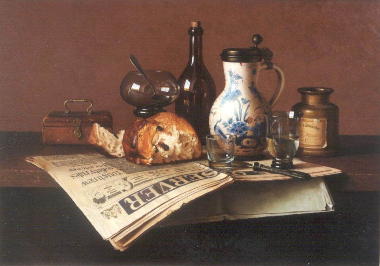 Bubarnik A.G.  | Andreas Gyula Bubarnik, Stilleven met brood, kan en glazen, olieverf op paneel 50,0 x 70,0 cm, gesigneerd rechtsonder