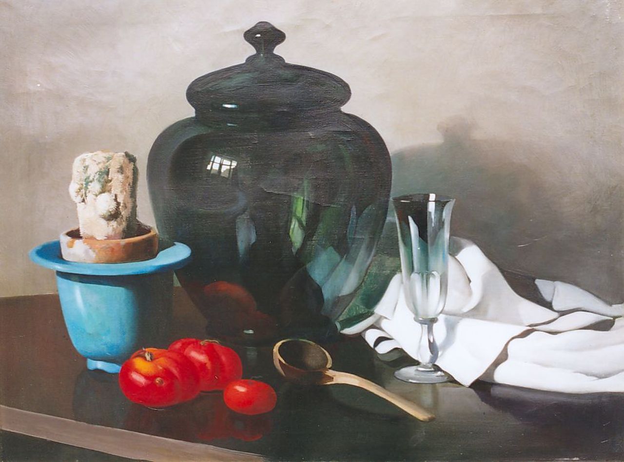 Hoff A.J. van 't | Adrianus Johannes 'Adriaan' van 't Hoff, Stilleven met glas en cactus, olieverf op doek 56,7 x 75,8 cm Hoff A.J. van 't | Adrianus Johannes 'Adriaan' van 't Hoff, Stilleven met glas en cactus, olieverf op doek 56,7 x 75,8 cm