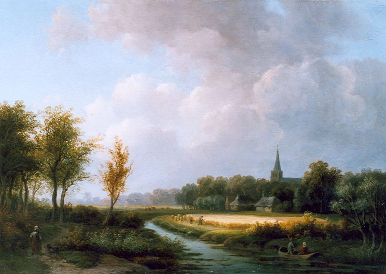 Klerk W. de | Willem de Klerk, Landschap met kerktoren en korenveld, olieverf op paneel 26,5 x 37,3 cm, gesigneerd rechtsonder Klerk W. de | Willem de Klerk, Landschap met kerktoren en korenveld, olieverf op paneel 26,5 x 37,3 cm, gesigneerd rechtsonder