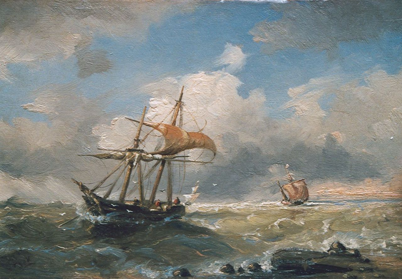 Haan D. de | Dirk de Haan, Tweemaster voor anker in de branding, olieverf op paneel 16,5 x 24,5 cm, gesigneerd linksonder met initialen