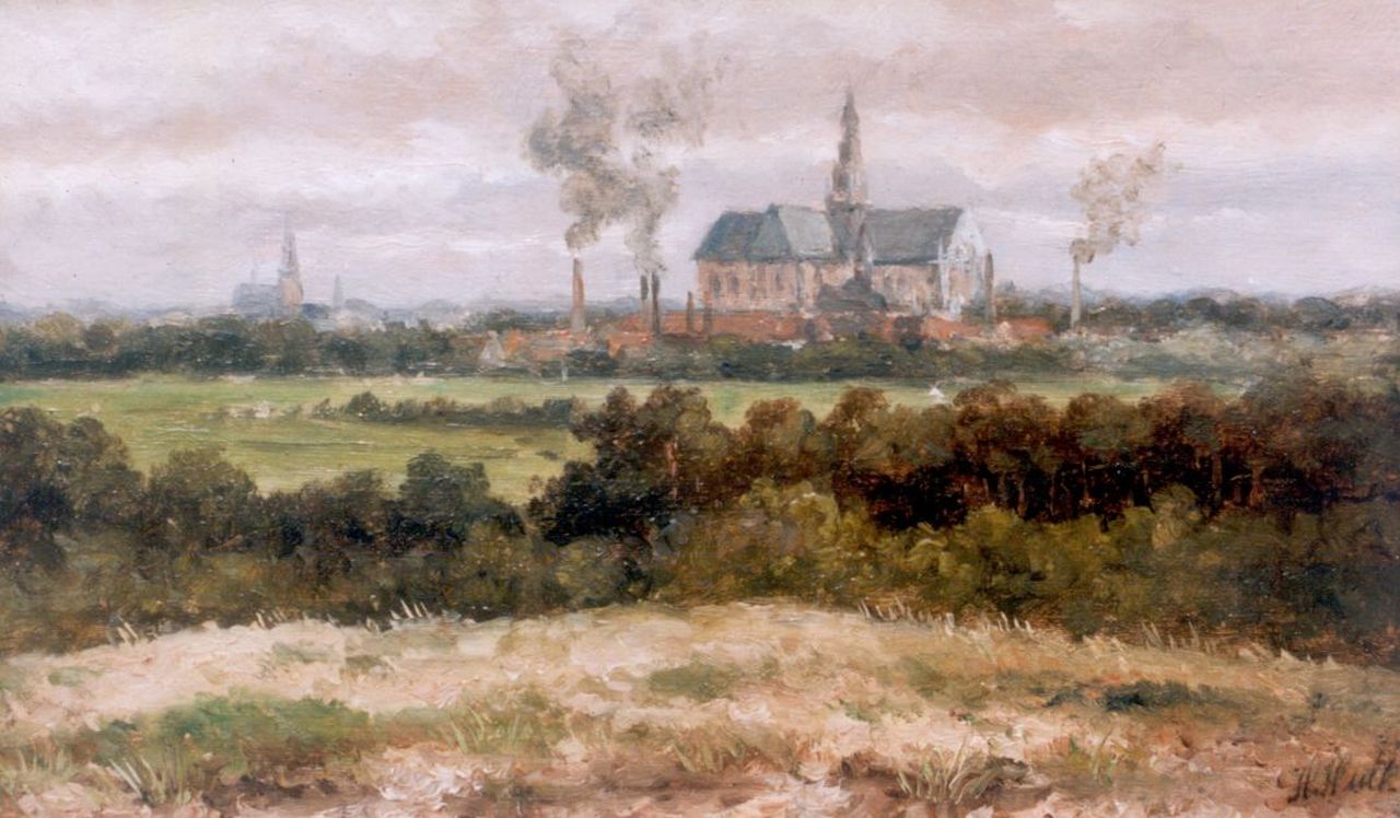 Hulk H. | Hendrik Hulk, Gezicht op Haarlem's eerste industrie, olieverf op doek op paneel 12,9 x 20,8 cm, gesigneerd rechtsonder Hulk H. | Hendrik Hulk, Gezicht op Haarlem's eerste industrie, olieverf op doek op paneel 12,9 x 20,8 cm, gesigneerd rechtsonder