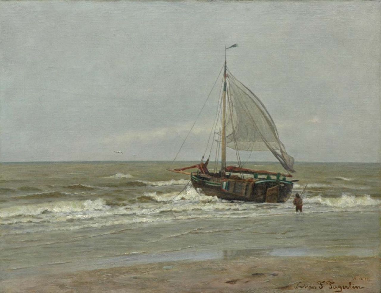 Fagerlin F.J. | Ferdinand Julius Fagerlin, Vissersboot in de branding, olieverf op doek 37,3 x 48,5 cm, gesigneerd rechtsonder en gedateerd 24.12.85 Fagerlin F.J. | Ferdinand Julius Fagerlin, Vissersboot in de branding, olieverf op doek 37,3 x 48,5 cm, gesigneerd rechtsonder en gedateerd 24.12.85