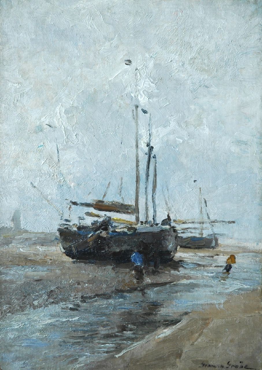 Grobe P.G. | Philipp 'German' Grobe, Bomschuiten op het strand, olieverf op doek op schildersboard 47,3 x 34,0 cm, gesigneerd rechtsonder Grobe P.G. | Philipp 'German' Grobe, Bomschuiten op het strand, olieverf op doek op schildersboard 47,3 x 34,0 cm, gesigneerd rechtsonder