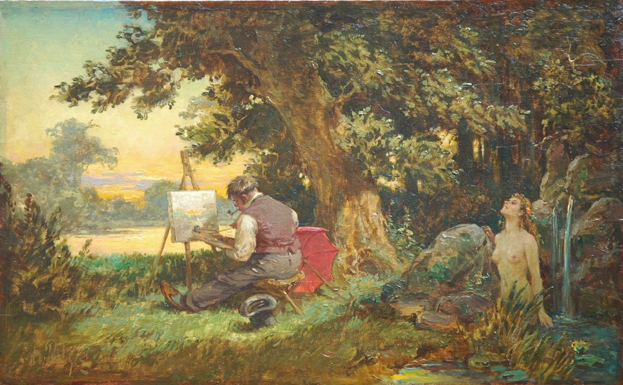 Prediger H.  | Prediger, De schilder en de bronnimf, olieverf op paneel 19,6 x 31,7 cm, gesigneerd linksonder