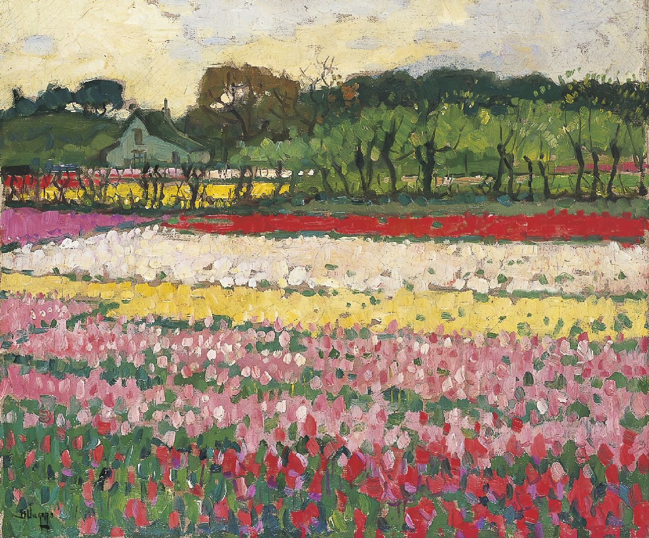 Viegers B.P. | Bernardus Petrus 'Ben' Viegers, Boerderij met bollenveld, olieverf op doek 50,2 x 60,3 cm, gesigneerd linksonder Viegers B.P. | Bernardus Petrus 'Ben' Viegers, Boerderij met bollenveld, olieverf op doek 50,2 x 60,3 cm, gesigneerd linksonder