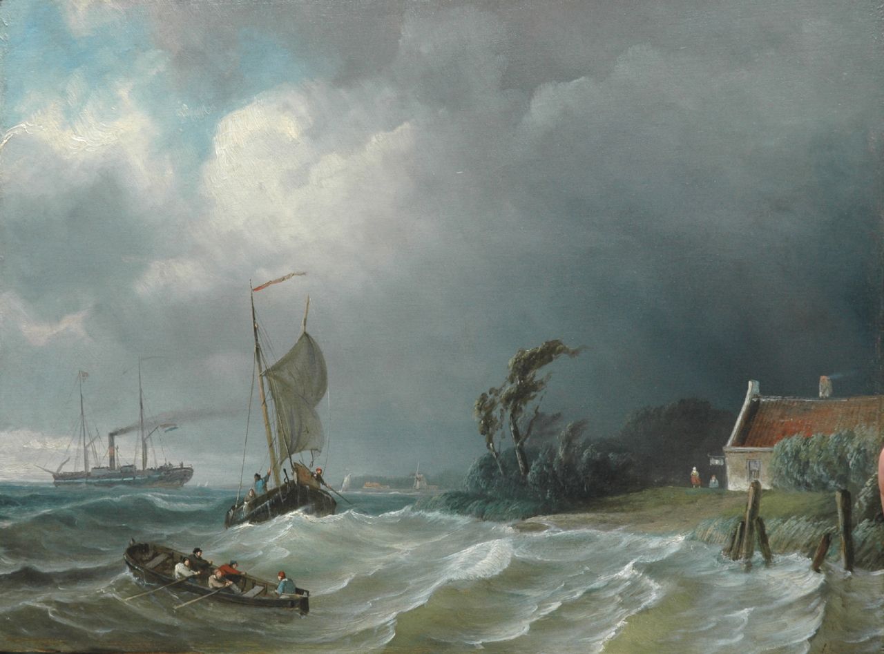 Schiedges P.P.  | Petrus Paulus Schiedges, Schepen aan lager wal bij storm, olieverf op paneel 38,8 x 52,3 cm, gesigneerd rechtsonder restanten van signatuur