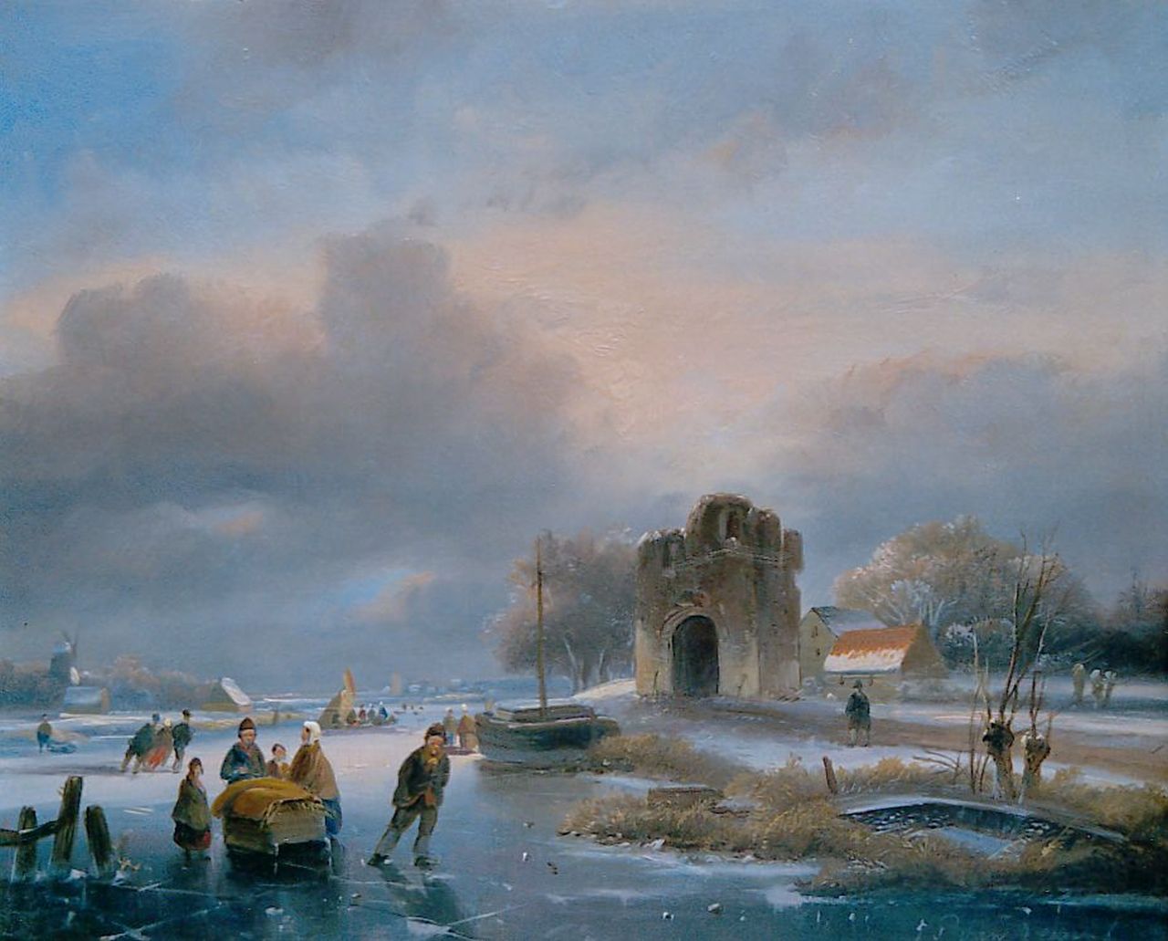 Velzen J.P. van | Johannes Petrus van Velzen, Schaatsers en slede bij een torenruïne, olieverf op paneel 20,6 x 25,5 cm, gesigneerd rechtsonder