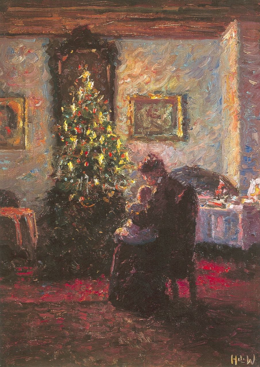 Werner H.F. | Heinrich Ferdinand Werner, Bij de kerstboom, olieverf op doek 50,3 x 38,2 cm, gesigneerd rechtsonder met initialen en verso voluit en gedateerd 1909 Werner H.F. | Heinrich Ferdinand Werner, Bij de kerstboom, olieverf op doek 50,3 x 38,2 cm, gesigneerd rechtsonder met initialen en verso voluit en gedateerd 1909