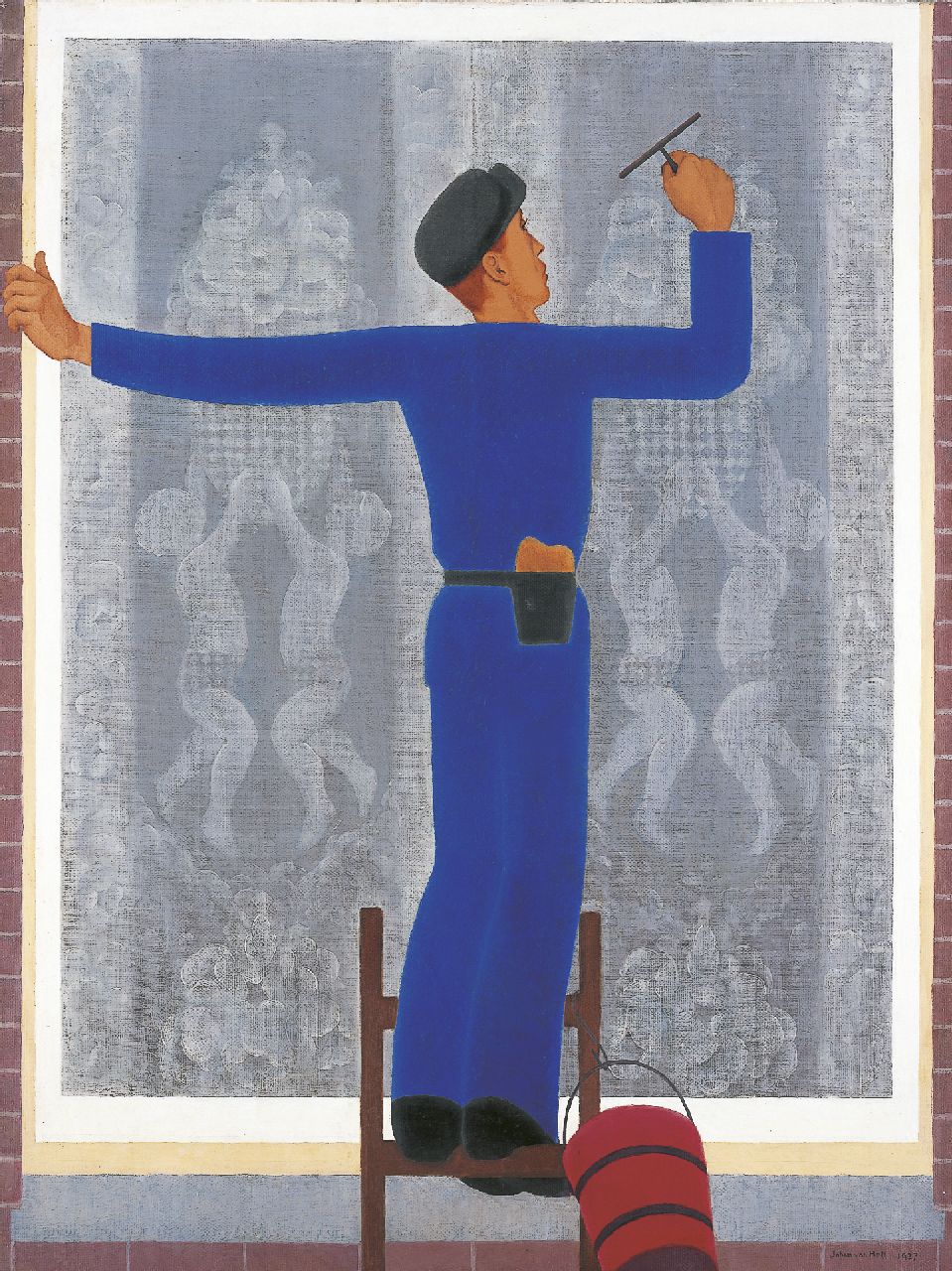 Hell J.G.D. van | Johannes Gerardus Diederik 'Johan' van Hell, Glazenwasser aan het werk, olieverf op doek 100,0 x 75,2 cm, gesigneerd rechtsonder en gedateerd 1927 -  verkocht