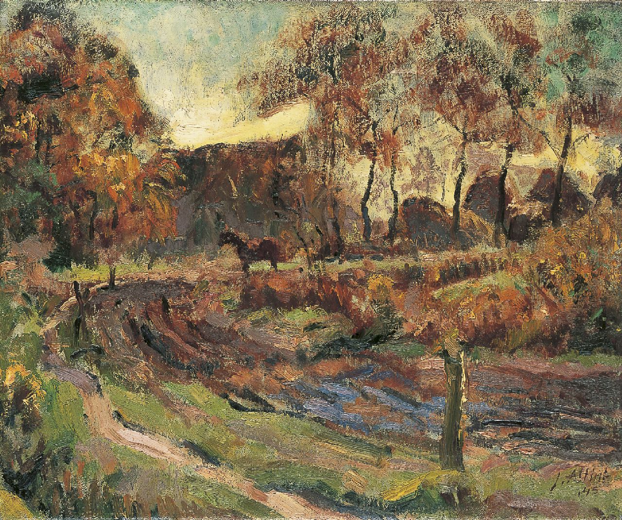 Altink J.  | Jan Altink, Landschap met paard en boerderij, olieverf op doek 50,2 x 60,7 cm, gesigneerd rechtsonder en gedateerd '45