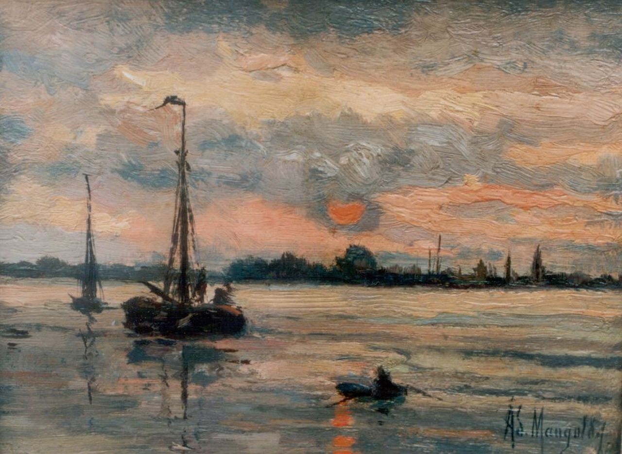 Mangold G.A. | Gerard 'Adolf' Mangold, Avondstemming op het water, olieverf op doek op paneel 17,5 x 22,0 cm, gesigneerd rechtsonder Mangold G.A. | Gerard 'Adolf' Mangold, Avondstemming op het water, olieverf op doek op paneel 17,5 x 22,0 cm, gesigneerd rechtsonder
