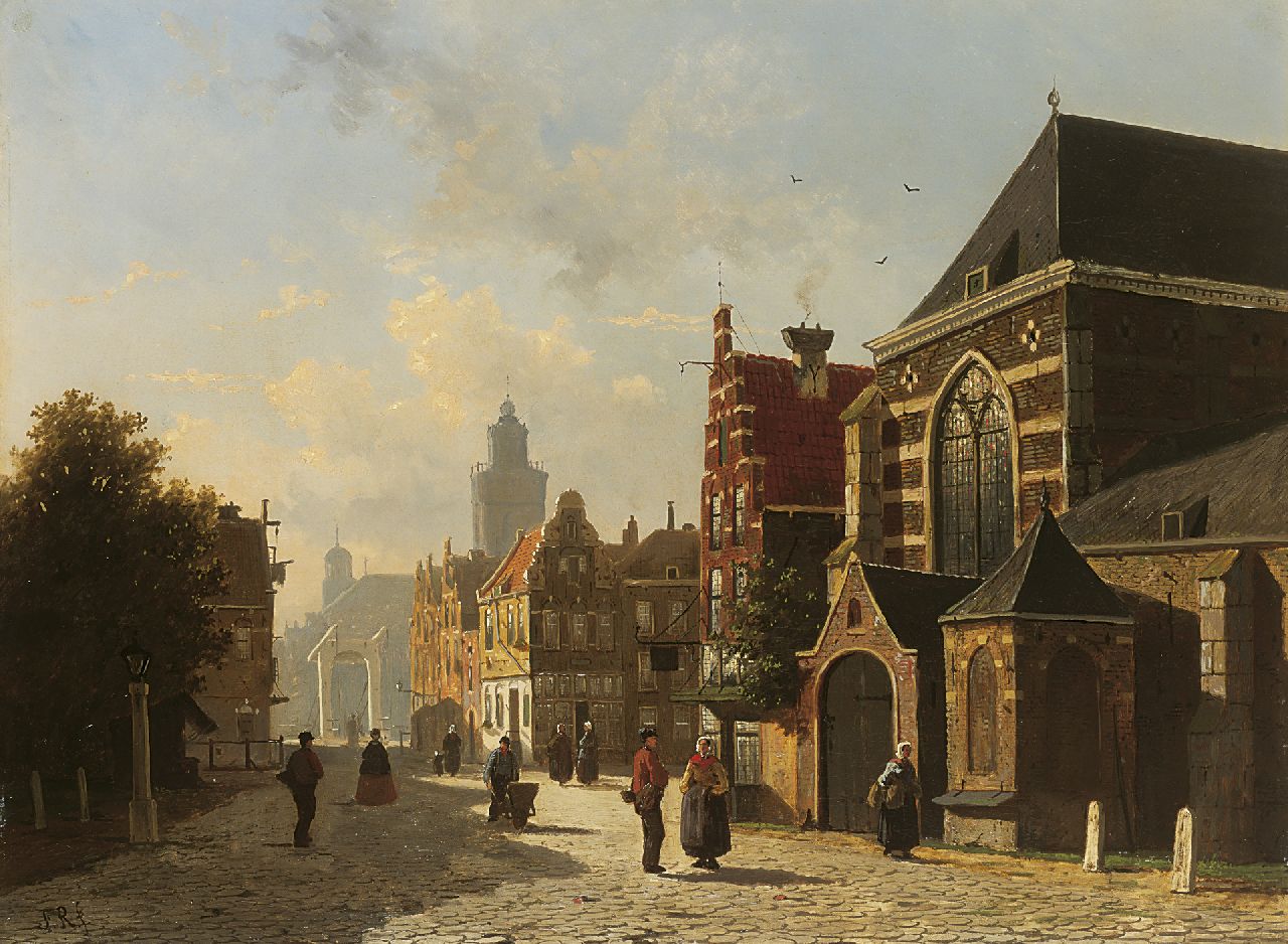 Roosdorp F. | Frederik Roosdorp, Hollands stadsgezicht met doorkijk naar een ophaalbrug, olieverf op doek 51,6 x 69,3 cm, gesigneerd linksonder met initialen Roosdorp F. | Frederik Roosdorp, Hollands stadsgezicht met doorkijk naar een ophaalbrug, olieverf op doek 51,6 x 69,3 cm, gesigneerd linksonder met initialen