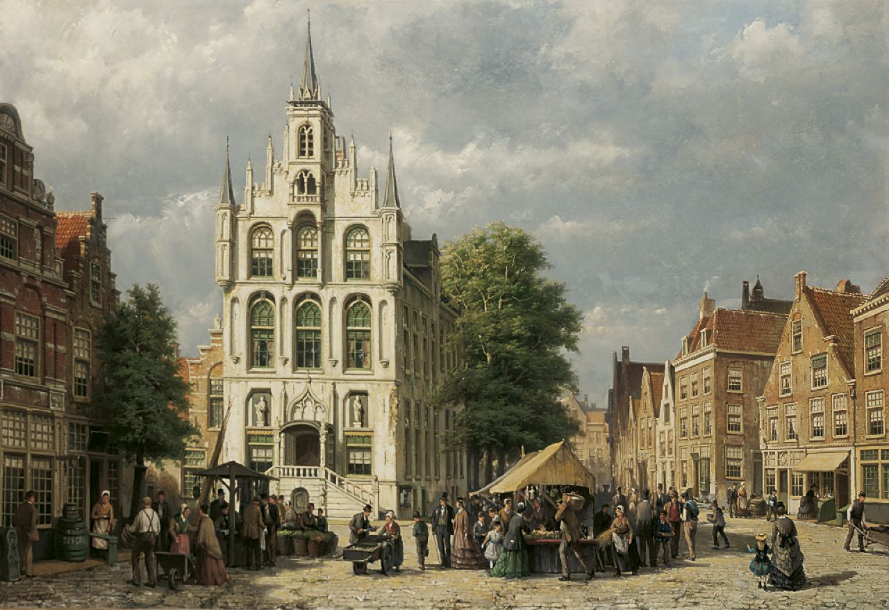 Koekkoek W. | Willem Koekkoek, Gezicht op het Raadhuis van Gouda, olieverf op doek 77,5 x 113,0 cm, gesigneerd linksonder Koekkoek W. | Willem Koekkoek, Gezicht op het Raadhuis van Gouda, olieverf op doek 77,5 x 113,0 cm, gesigneerd linksonder