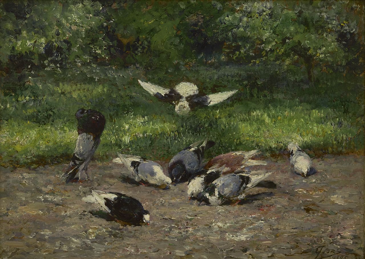 Eugeen Joors | Duiven in het park, olieverf op paneel, 24,0 x 32,5 cm, gesigneerd r.o. en gedateerd 1895