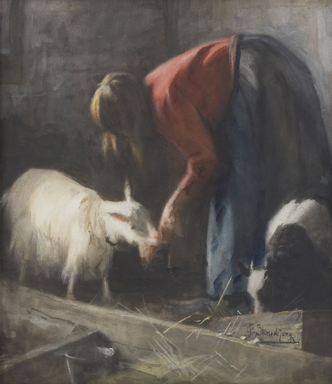 Jacobus Frederik Sterre de Jong | Geitje voeren, aquarel op papier, 42,6 x 37,0 cm, gesigneerd r.o.