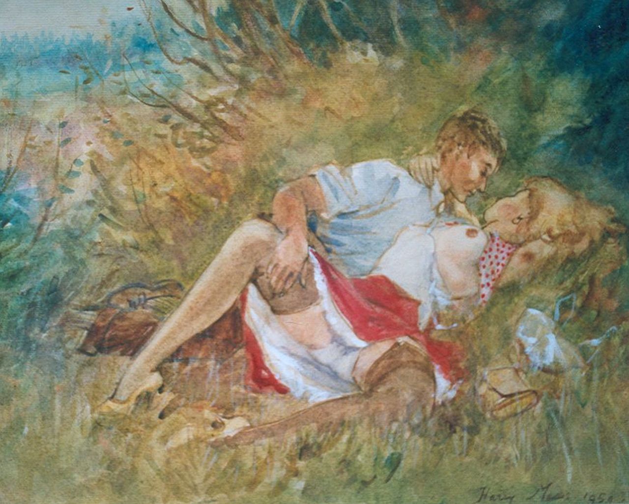 Maas H.F.H.  | Henri Frans Hubert 'Harry' Maas, In het bos, aquarel op papier 28,5 x 35,5 cm, gesigneerd rechtsonder en gedateerd 1954