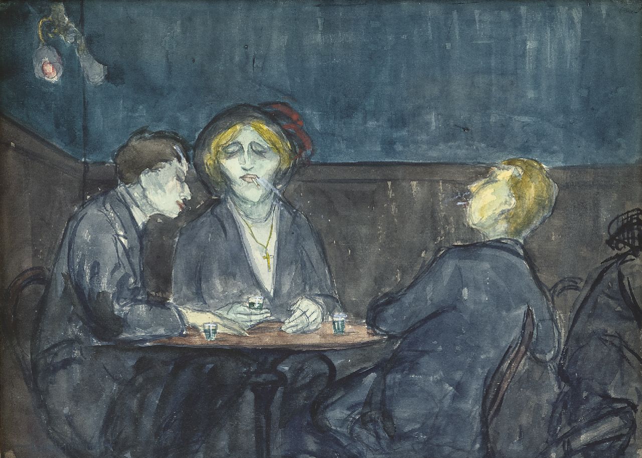 Glintenkamp H.  | Hendrik Glintenkamp, De absintdrinkers, aquarel op papier 25,0 x 38,0 cm, gesigneerd linksonder en verso en verso gedateerd 1913