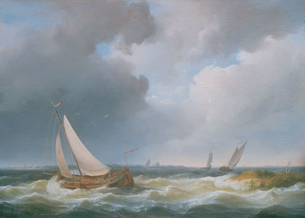 Thomas P.H. | Pieter Hendrik Thomas, Zeilschepen op onstuimige kustwateren, olieverf op paneel 24,2 x 33,9 cm, gesigneerd linksonder en vaag gedateerd Thomas P.H. | Pieter Hendrik Thomas, Zeilschepen op onstuimige kustwateren, olieverf op paneel 24,2 x 33,9 cm, gesigneerd linksonder en vaag gedateerd
