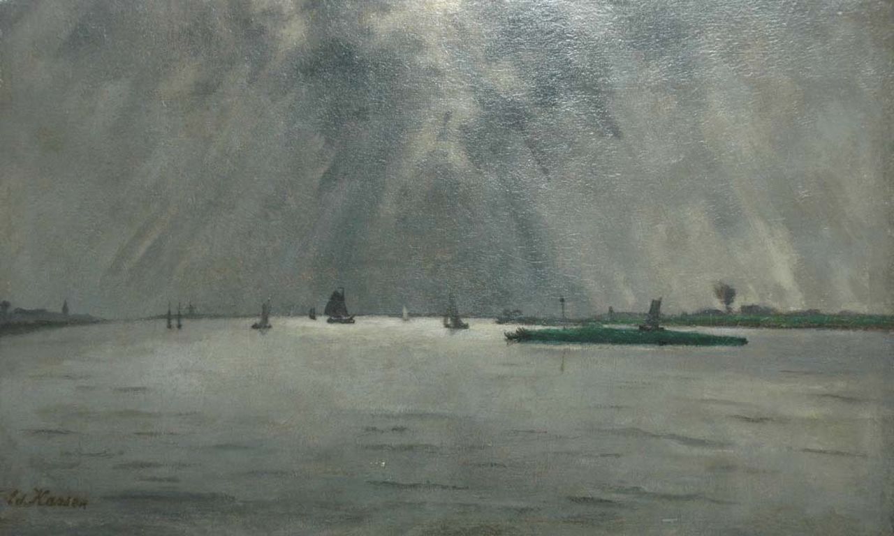 Karsen J.E. | Johann 'Eduard' Karsen, Pampus bij maanlicht, olieverf op doek 30,4 x 49,7 cm, gesigneerd linksonder Karsen J.E. | Johann 'Eduard' Karsen, Pampus bij maanlicht, olieverf op doek 30,4 x 49,7 cm, gesigneerd linksonder