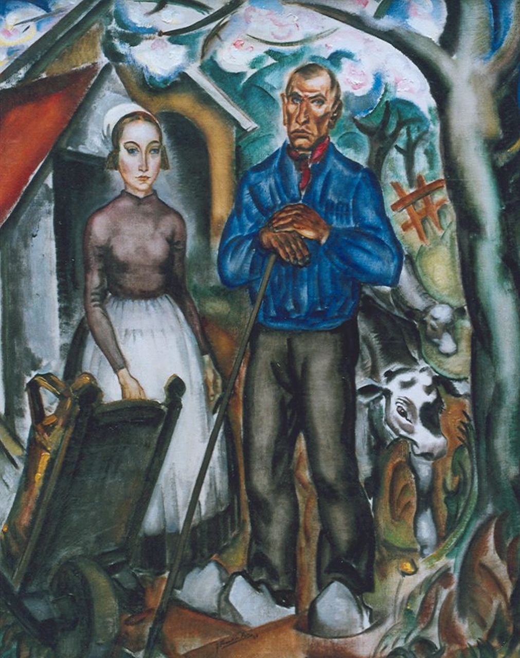 Franken J.H.  | Joannes Henricus 'Jan' Franken, Boer en boerin met vee, olieverf op doek 94,9 x 75,6 cm, gesigneerd middenonder en gedateerd '24