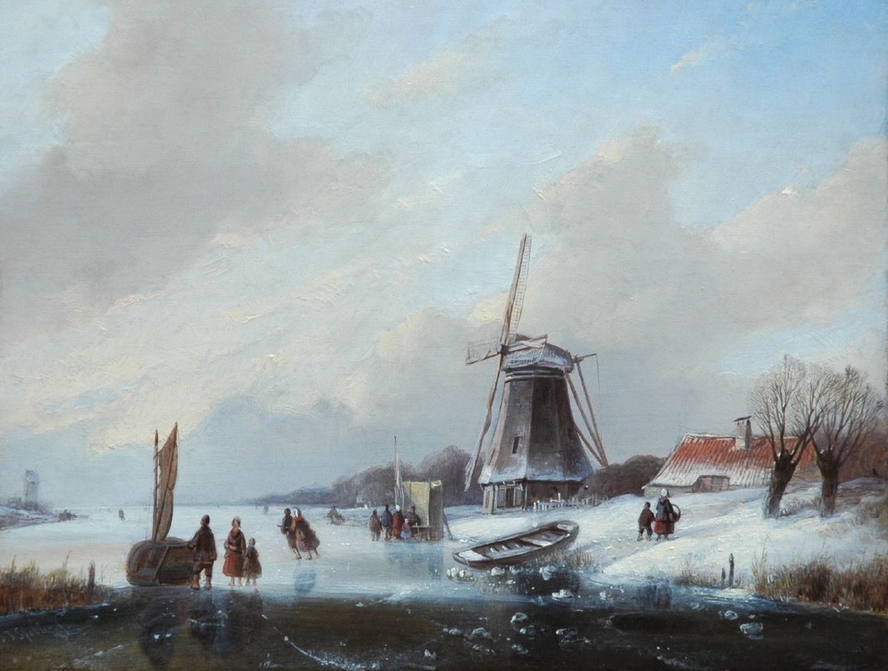 Spohler J.J. | Jan Jacob Spohler, Bevroren rivier met schaatsvolk, olieverf op paneel 26,8 x 34,0 cm, gesigneerd linksonder Spohler J.J. | Jan Jacob Spohler, Bevroren rivier met schaatsvolk, olieverf op paneel 26,8 x 34,0 cm, gesigneerd linksonder