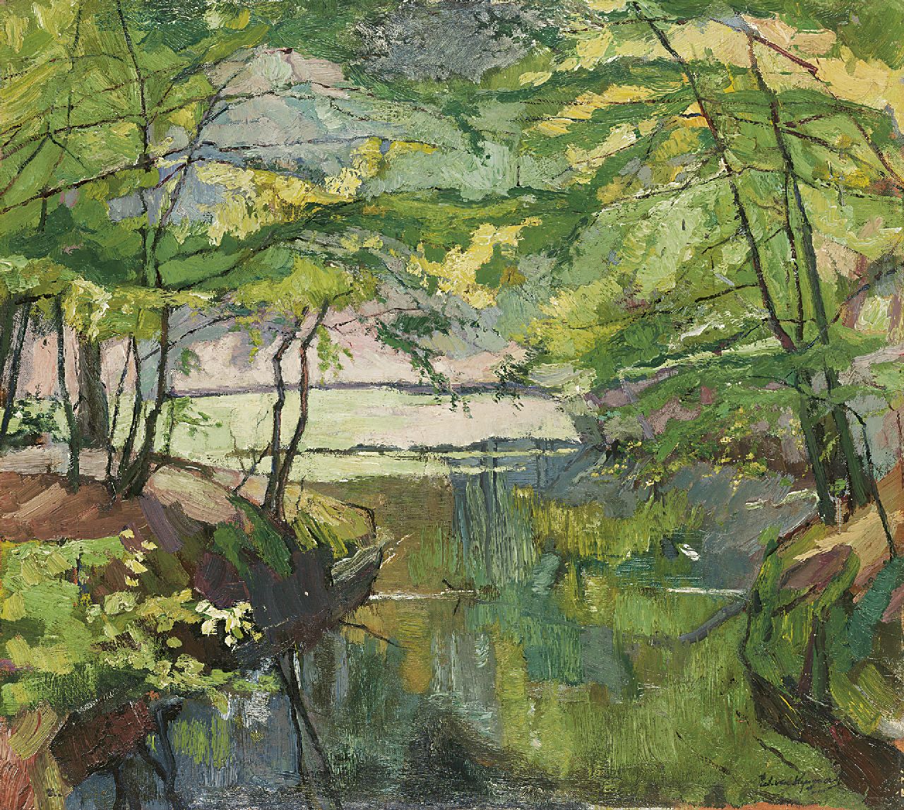 Wijngaerdt P.T. van | Petrus Theodorus 'Piet' van Wijngaerdt, Vijver in het Baarnse Bos, olieverf op doek 55,1 x 61,2 cm, gesigneerd rechtsonder