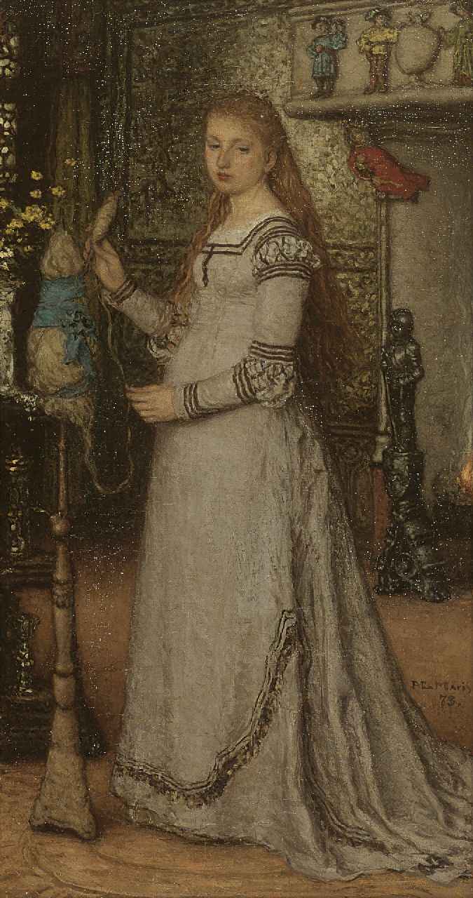 Maris M. | Matthijs Maris, Meisje met spinrokken, olieverf op doek 41,4 x 22,3 cm, gesigneerd rechts van het midden en gedateerd '73 Maris M. | Matthijs Maris, Meisje met spinrokken, olieverf op doek 41,4 x 22,3 cm, gesigneerd rechts van het midden en gedateerd '73