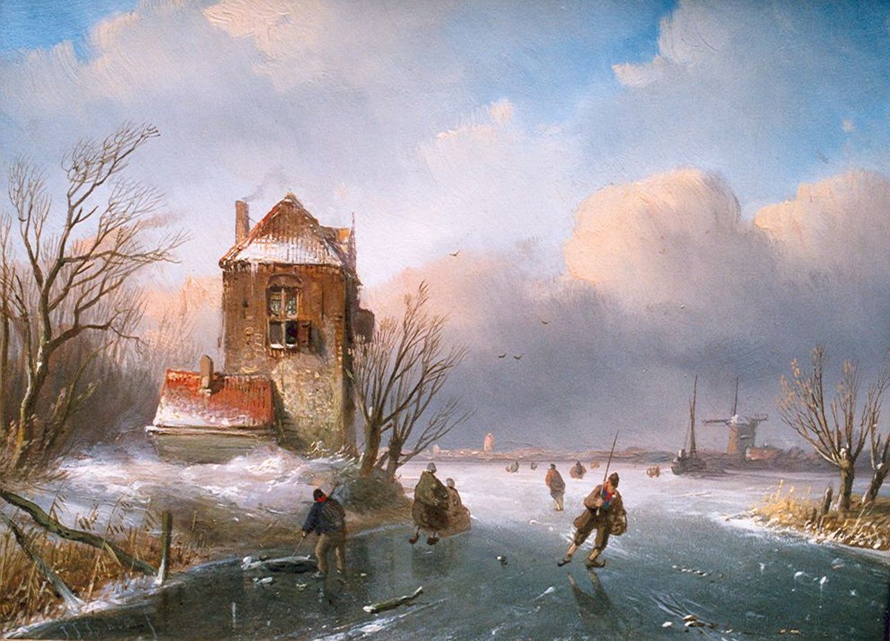 Spohler J.J. | Jan Jacob Spohler, Schaatsers op een bevroren vaart, olieverf op paneel 18,9 x 25,4 cm, gesigneerd linksonder Spohler J.J. | Jan Jacob Spohler, Schaatsers op een bevroren vaart, olieverf op paneel 18,9 x 25,4 cm, gesigneerd linksonder