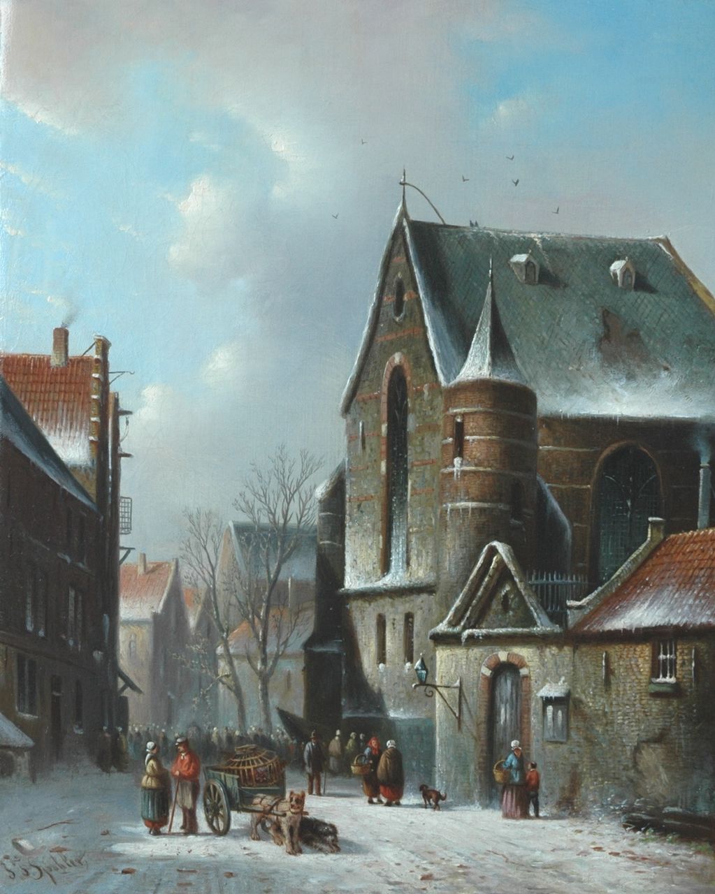 Spohler J.F. | Johannes Franciscus Spohler, Winters straatje met figuren en man met hondenkar, olieverf op doek 44,0 x 35,0 cm, gesigneerd linksonder Spohler J.F. | Johannes Franciscus Spohler, Winters straatje met figuren en man met hondenkar, olieverf op doek 44,0 x 35,0 cm, gesigneerd linksonder