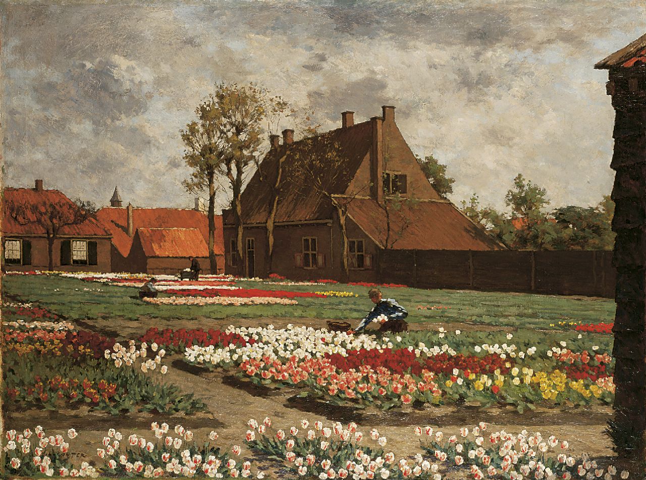 Koster A.L.  | Anton Louis 'Anton' Koster, Het huis van Benedictus de Spinoza te Rijnsburg temidden van bloeiende tulpenvelden, olieverf op doek 75,1 x 100,4 cm, gesigneerd linksonder
