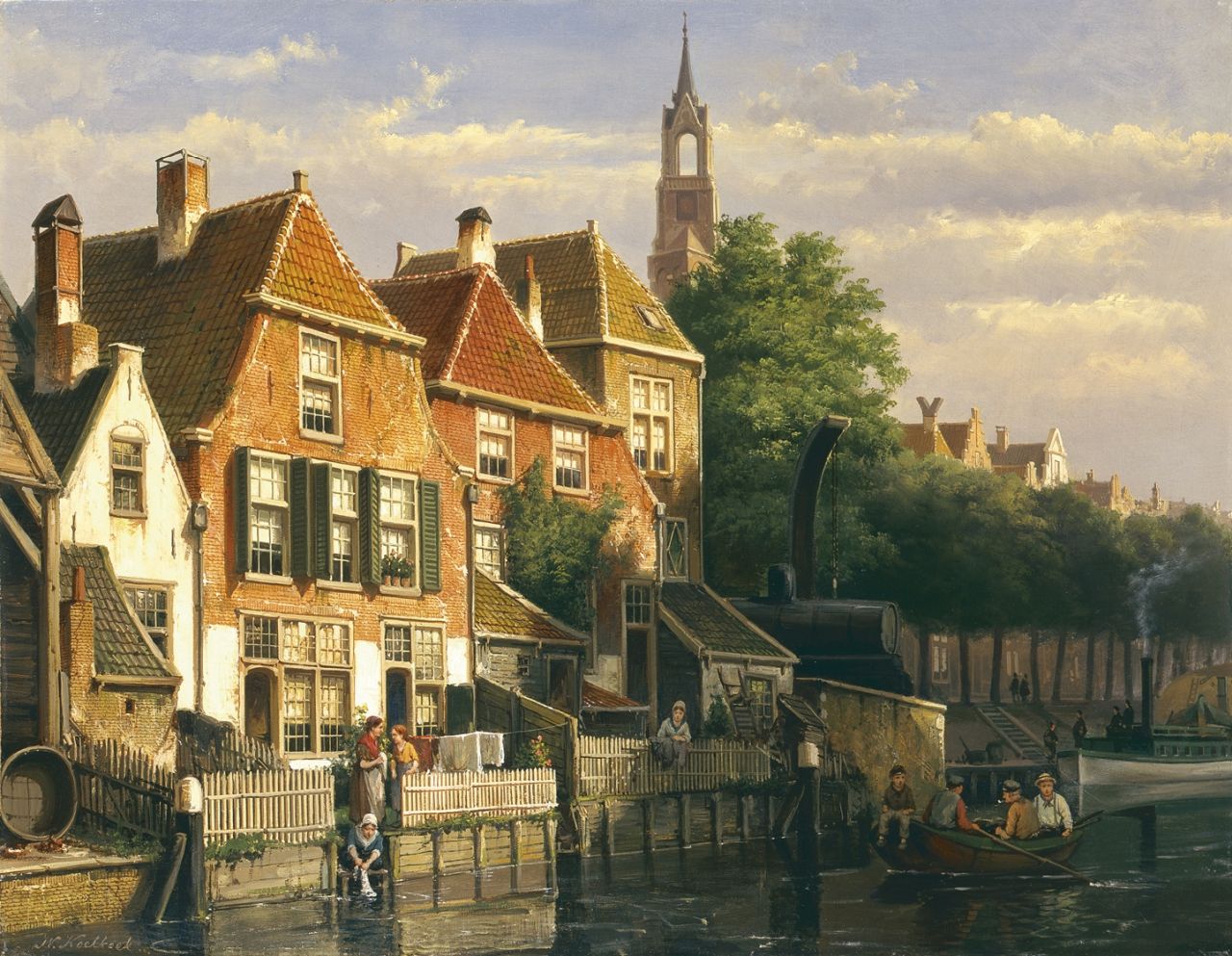 Koekkoek W.  | Willem Koekkoek, Zonnige stadsgracht, olieverf op doek 54,0 x 69,0 cm, gesigneerd linksonder