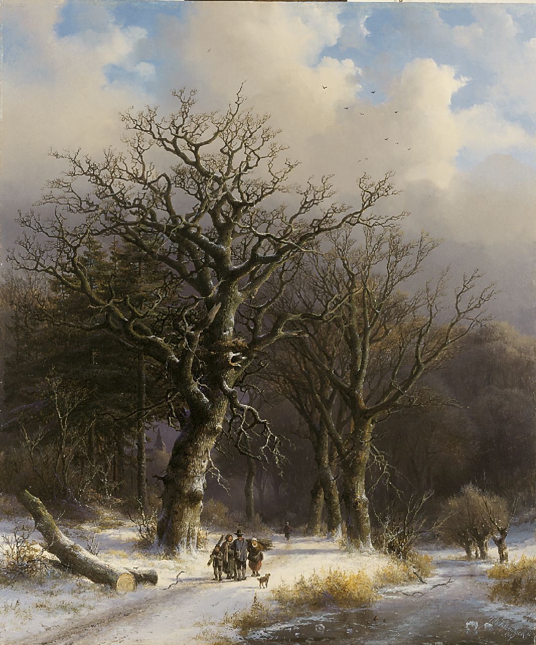 Klombeck J.B.  | Johann Bernard Klombeck, Winters eikenwoud met houtsprokkelaars, olieverf op paneel 69,6 x 58,4 cm, gesigneerd rechtsonder en gedateerd 1857