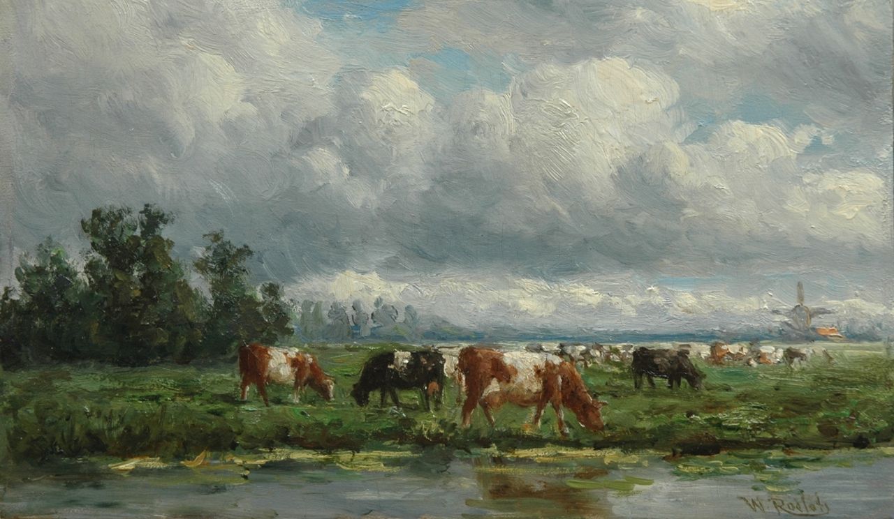 Roelofs W.  | Willem Roelofs, Vee in weidelandschap, olieverf op paneel 15,0 x 25,0 cm, gesigneerd rechtsonder