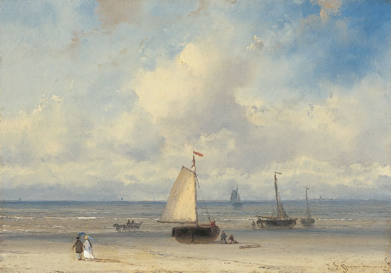 Hoppenbrouwers J.F.  | Johannes Franciscus Hoppenbrouwers, Vissers en elegante wandelaars bij bomschuiten op het strand, olieverf op paneel 16,1 x 22,8 cm, gesigneerd rechtsonder