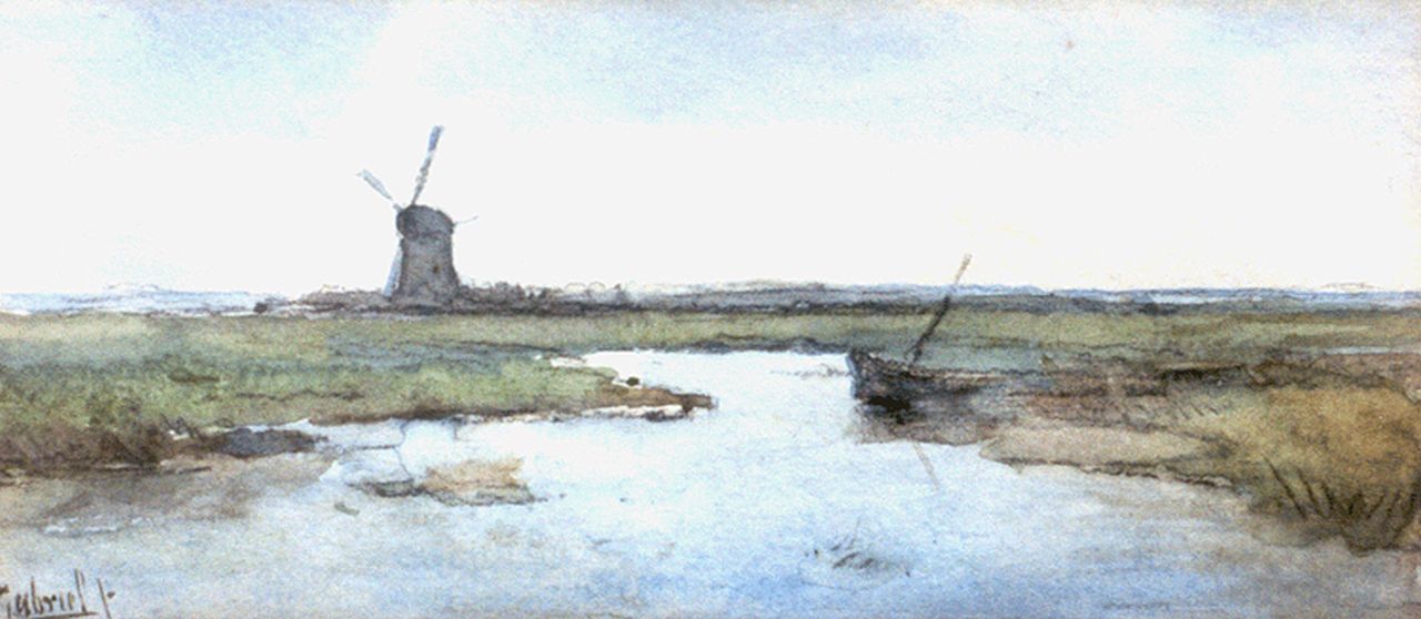 Gabriel P.J.C. | Paul Joseph Constantin 'Constan(t)' Gabriel, Polderlandschap met molen, aquarel op papier 7,5 x 16,5 cm, gesigneerd linksonder en te dateren ca. 1899 Gabriel P.J.C. | Paul Joseph Constantin 'Constan(t)' Gabriel, Polderlandschap met molen, aquarel op papier 7,5 x 16,5 cm, gesigneerd linksonder en te dateren ca. 1899