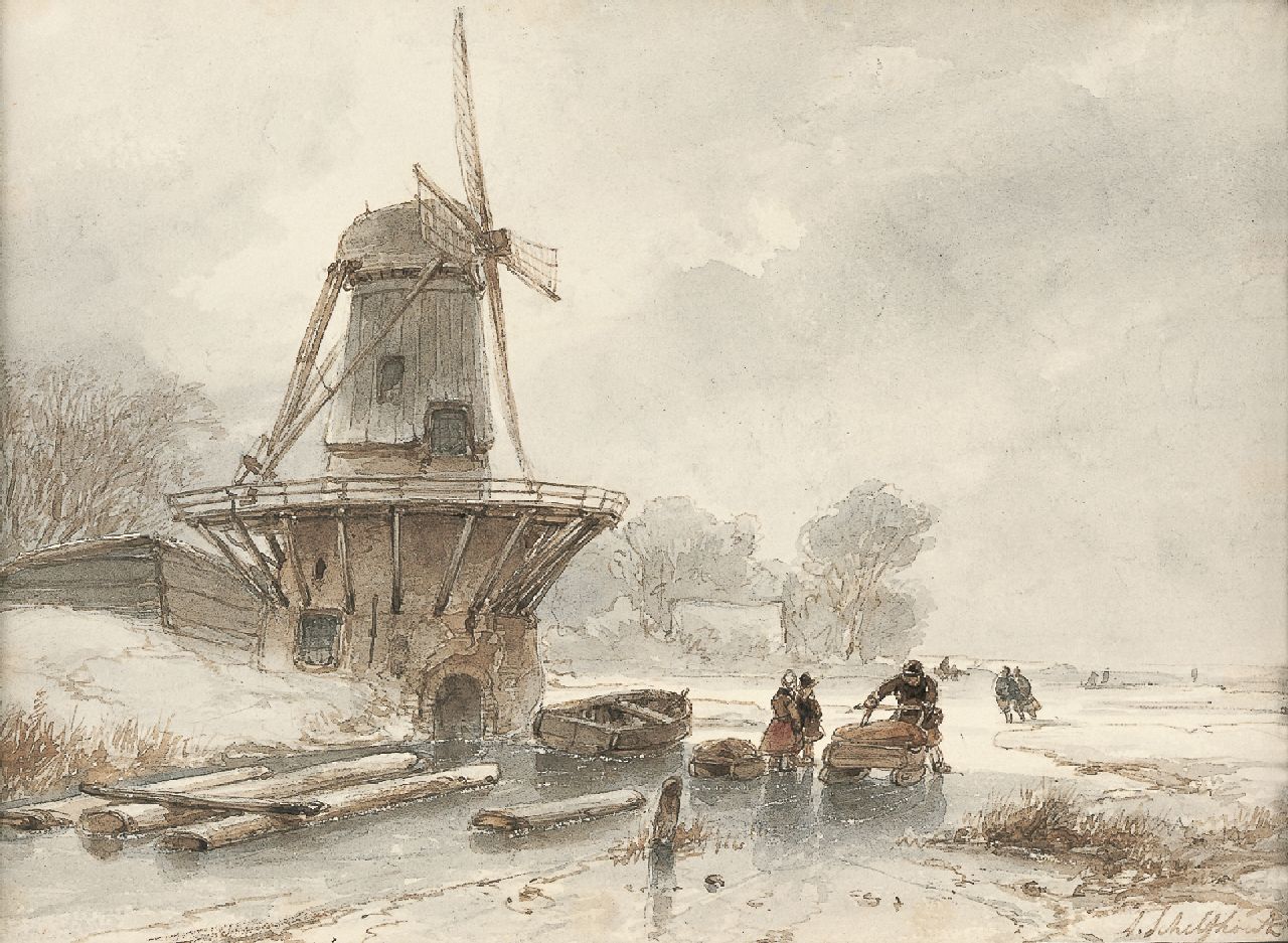 Schelfhout A. | Andreas Schelfhout, Winterlandschap met schaatsers op het ijs bij een molen, aquarel op papier 15,0 x 20,0 cm, gesigneerd rechtsonder Schelfhout A. | Andreas Schelfhout, Winterlandschap met schaatsers op het ijs bij een molen, aquarel op papier 15,0 x 20,0 cm, gesigneerd rechtsonder