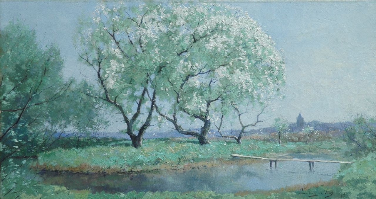 Vlist L. van der | Leendert van der Vlist, Lentemorgen: het Galgebosje te Warmond, olieverf op doek 35,0 x 64,2 cm, gesigneerd rechtsonder en gedateerd '18 Vlist L. van der | Leendert van der Vlist, Lentemorgen: het Galgebosje te Warmond, olieverf op doek 35,0 x 64,2 cm, gesigneerd rechtsonder en gedateerd '18