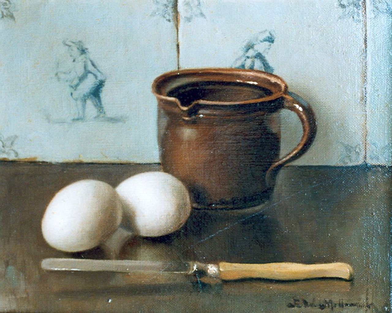 Millenaar P.W. | Pieter Wilhelm Millenaar, Twee eieren, een kom en een mes voor een tegelwand, olieverf op doek 20,2 x 25,2 cm, gesigneerd rechtsonder Millenaar P.W. | Pieter Wilhelm Millenaar, Twee eieren, een kom en een mes voor een tegelwand, olieverf op doek 20,2 x 25,2 cm, gesigneerd rechtsonder