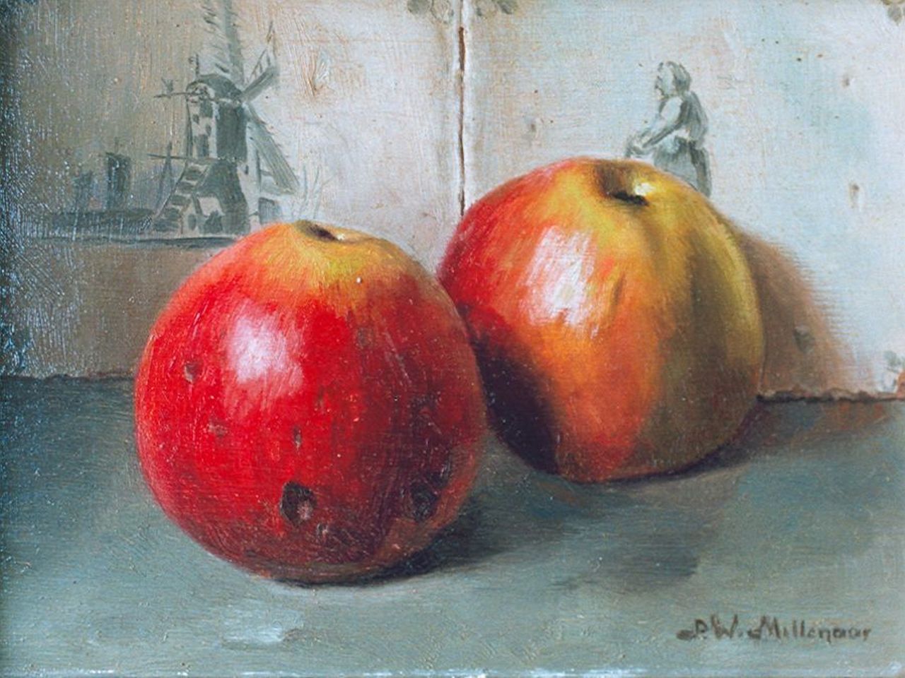 Millenaar P.W. | Pieter Wilhelm Millenaar, Twee appels voor een tegelwand, olieverf op paneel 18,3 x 24,2 cm, gesigneerd rechtsonder Millenaar P.W. | Pieter Wilhelm Millenaar, Twee appels voor een tegelwand, olieverf op paneel 18,3 x 24,2 cm, gesigneerd rechtsonder