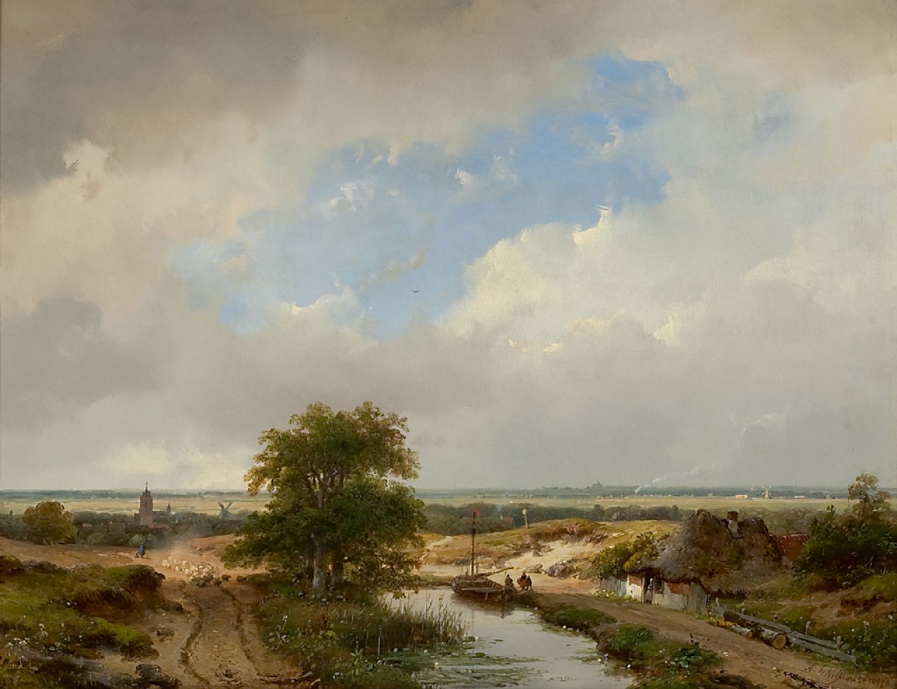 Schelfhout A.  | Andreas Schelfhout, Duinlandschap met zicht op Haarlem en een stoomtrein aan de horizon, olieverf op paneel 31,6 x 41,1 cm, gesigneerd rechtsonder en gedateerd 1847