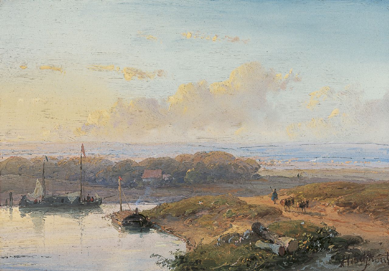 Schelfhout A. | Andreas Schelfhout, Schepen op een kalme rivier in een panoramisch landschap, olieverf op paneel 12,8 x 18,5 cm, gesigneerd rechtsonder en te dateren eind jaren '40 of jaren '50 Schelfhout A. | Andreas Schelfhout, Schepen op een kalme rivier in een panoramisch landschap, olieverf op paneel 12,8 x 18,5 cm, gesigneerd rechtsonder en te dateren eind jaren '40 of jaren '50
