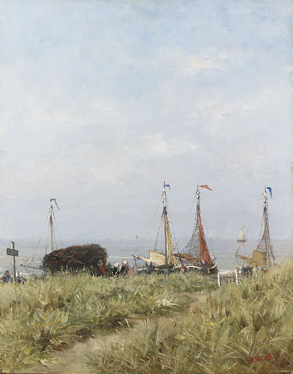 Mesdag H.W. | Hendrik Willem Mesdag, Vissersvolk en bommen achter de duinen, olieverf op paneel 50,5 x 39,5 cm, gesigneerd rechtsonder met initialen en gedateerd '75 Mesdag H.W. | Hendrik Willem Mesdag, Vissersvolk en bommen achter de duinen, olieverf op paneel 50,5 x 39,5 cm, gesigneerd rechtsonder met initialen en gedateerd '75