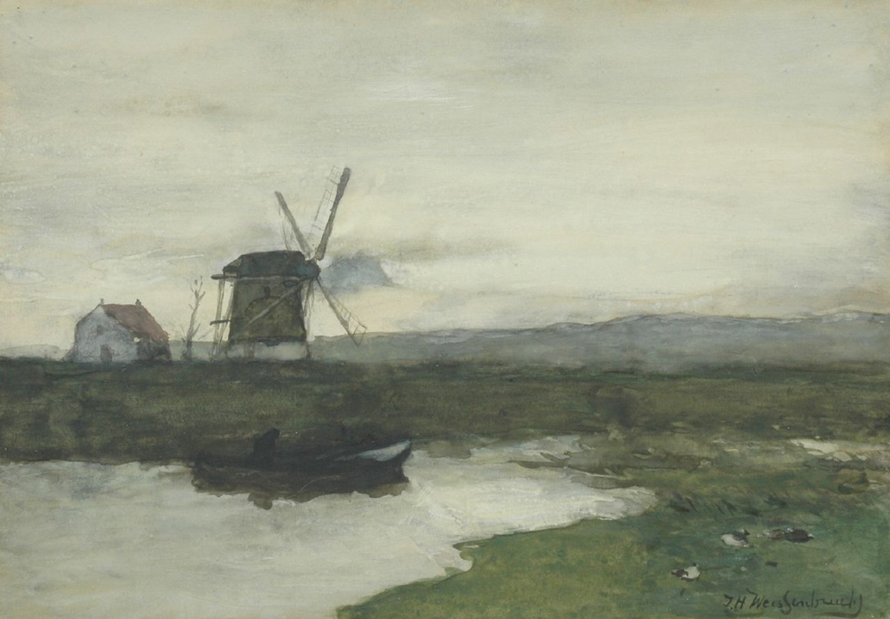Weissenbruch H.J. | Hendrik Johannes 'J.H.' Weissenbruch, Molen in een polderlandschap, aquarel op papier 34,5 x 49,6 cm, gesigneerd rechtsonder Weissenbruch H.J. | Hendrik Johannes 'J.H.' Weissenbruch, Molen in een polderlandschap, aquarel op papier 34,5 x 49,6 cm, gesigneerd rechtsonder
