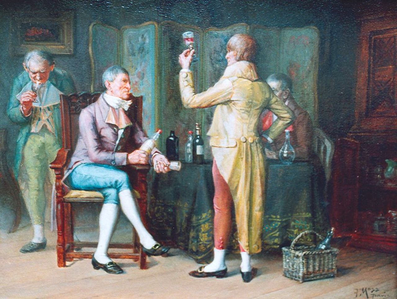 Mosso F. | Francesco Mosso, De wijnproeverij, olieverf op paneel 24,8 x 32,7 cm, gesigneerd rechtsonder Mosso F. | Francesco Mosso, De wijnproeverij, olieverf op paneel 24,8 x 32,7 cm, gesigneerd rechtsonder