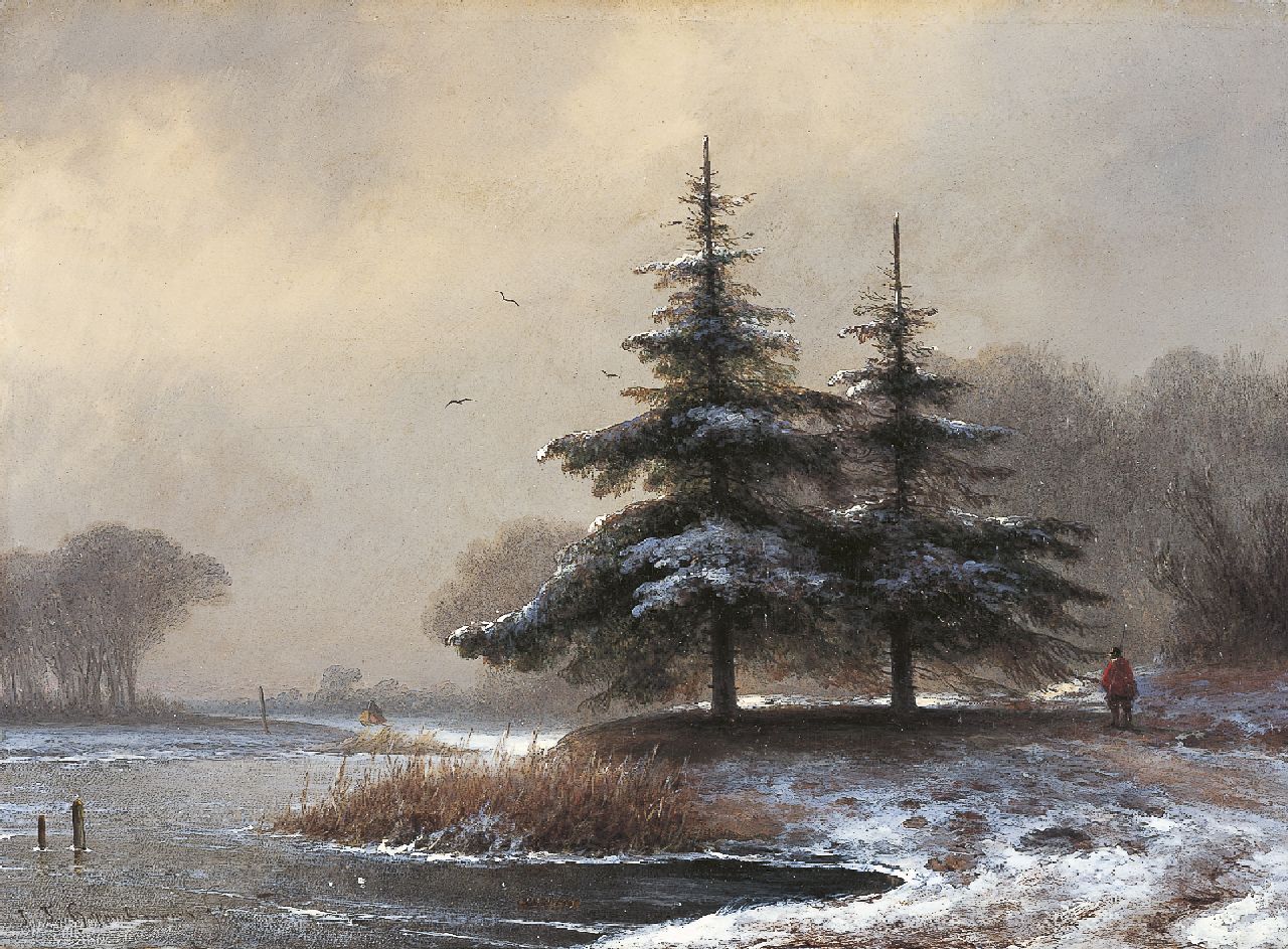 Hoppenbrouwers J.F. | Johannes Franciscus Hoppenbrouwers, Winterlandschap met sparren, olieverf op paneel 21,5 x 29,0 cm, gesigneerd linksonder Hoppenbrouwers J.F. | Johannes Franciscus Hoppenbrouwers, Winterlandschap met sparren, olieverf op paneel 21,5 x 29,0 cm, gesigneerd linksonder