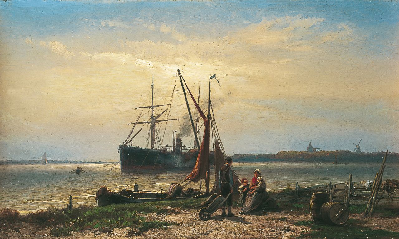 Koekkoek J.H.B.  | Johannes Hermanus Barend 'Jan H.B.' Koekkoek, Stoomschip voor anker, olieverf op paneel 24,9 x 42,1 cm, gesigneerd linksonder